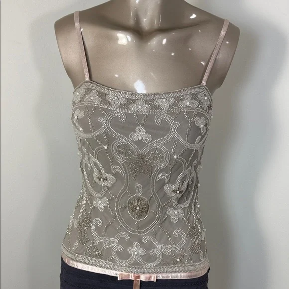 Vintage Cache Beaded Embellished Spaghetti Strap Tank with Navy Skirt - Picture 2 of 10